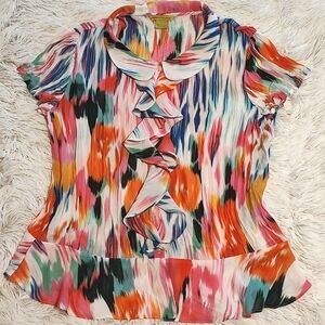 ESSENTIALleigh Watercolor Ruffle Front Peplum Blouse Button-Up Twee Y2K 90s Lrg